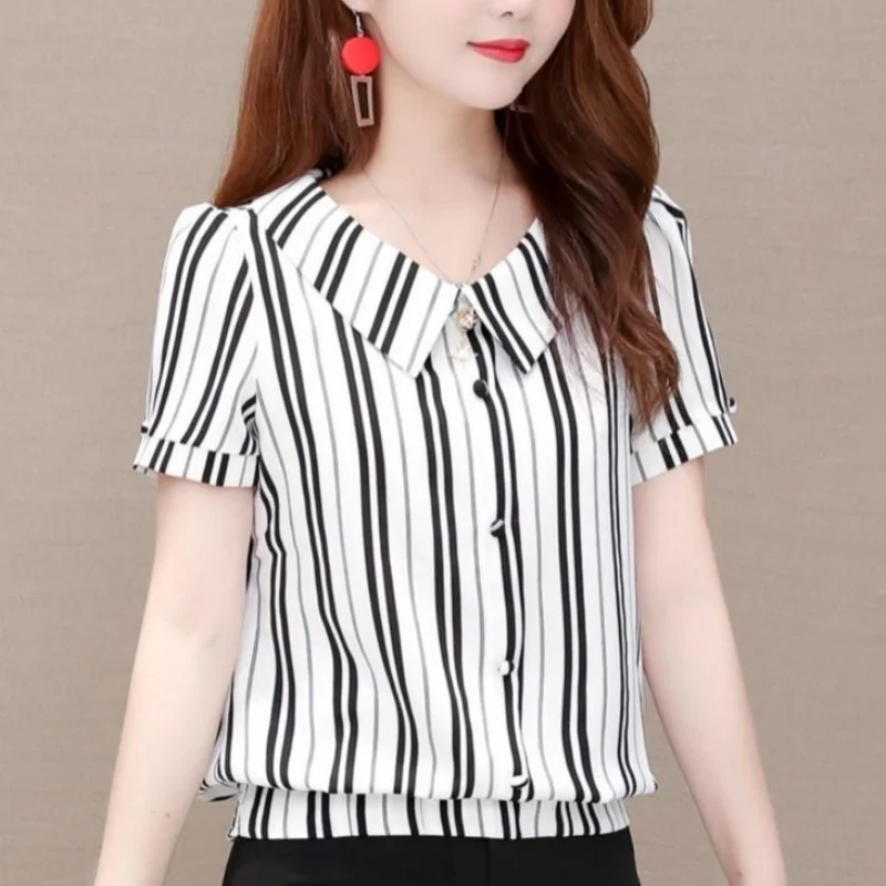 Spring Summer New Korean Version Fashion Casual All-match Temperament Women's Clothing Short Sleeve Striped Printed Tops Blouse