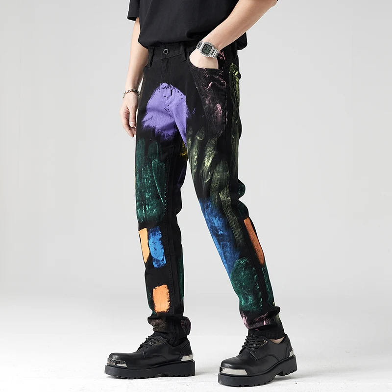 2024 New Independent Design American Street Printing Contrast Color Jeans Men's Retro Washed Y2K Slim-Fit Straight Trousers
