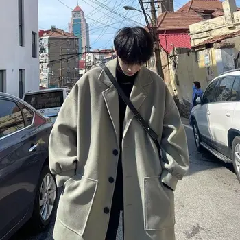 남성용 싱글 브레스트 중간 길이 모직 코트, 두껍고 따뜻한 바람막이, 한국 스타일, 트렌디 브랜드, 겨울