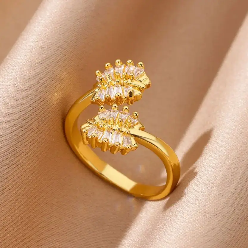 Zircon Hug Leaf Rings Women Stainless Steel for Wedding