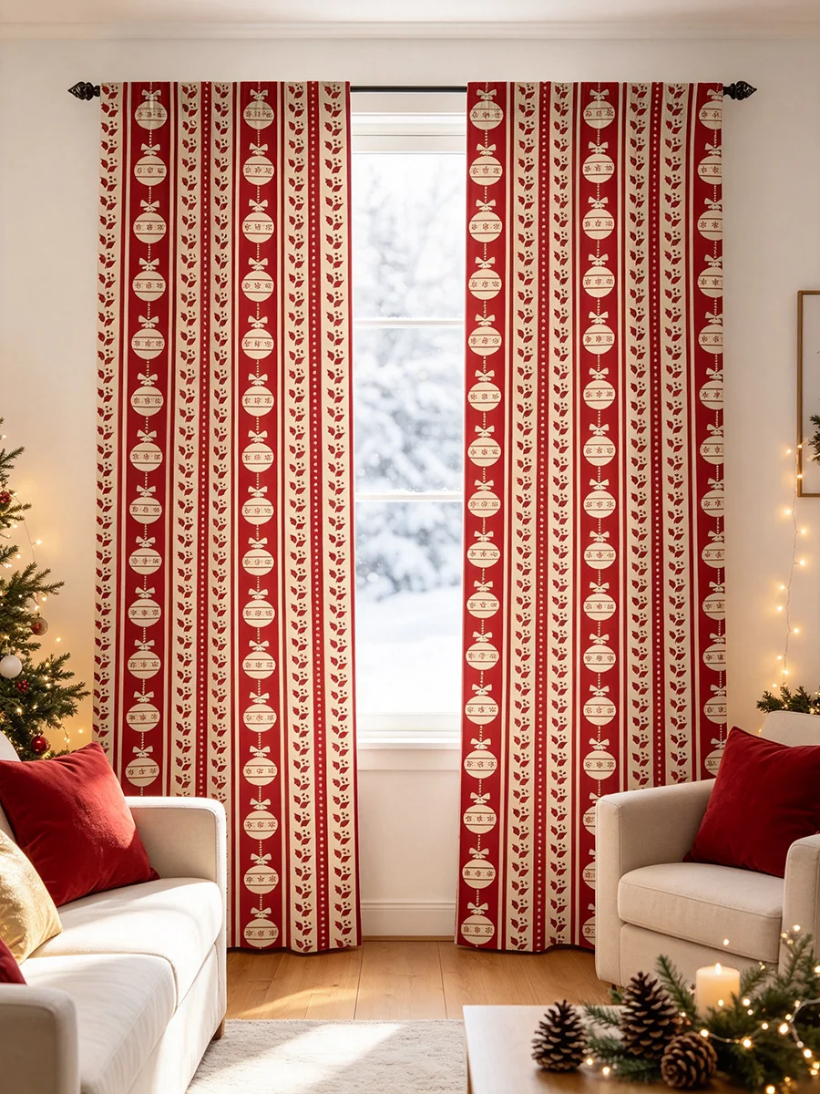 2 pièces, rideaux à motifs de houx pour décorer les fenêtres en hiver et à Noël, rideaux pour chambre à coucher ou salon, en polyester avec passants pour tringle, décoration intérieure. 1