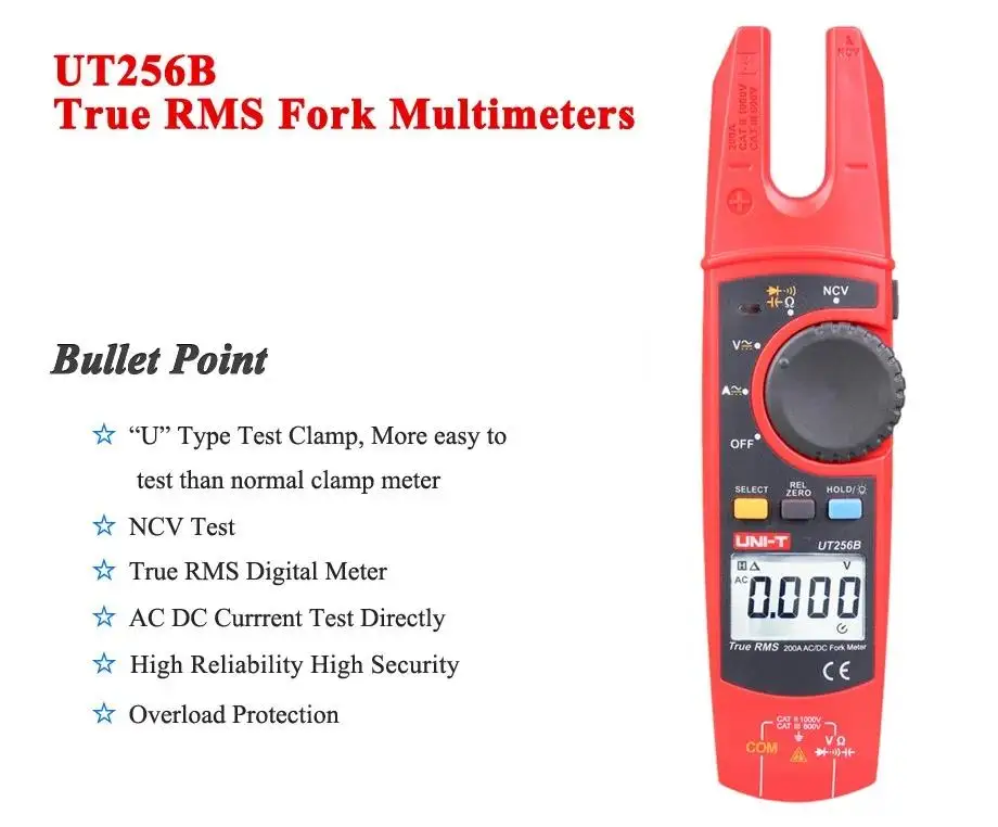 Description Picture 2 of itemUNI-T UT256B Digital True RMS Fork Auto Multimeter 200A AC DC Current Clamp Meters NCV Tester Voltmeter Ohm Cap Auto Range More