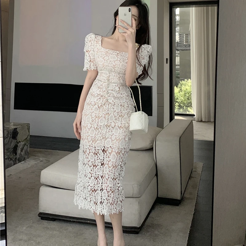 

Sexy Long Lace Dress Women Korean Elegant Vintage Chic Design Bodycon Dress Female Summer Casual Evening Party Dress