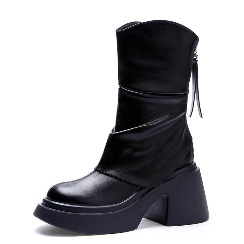 Round Toe Platform Thick Hees Back Zipper Women Boots Genuine Leather Shoes For Women Pleats Winter Personality Motorcycle Boots