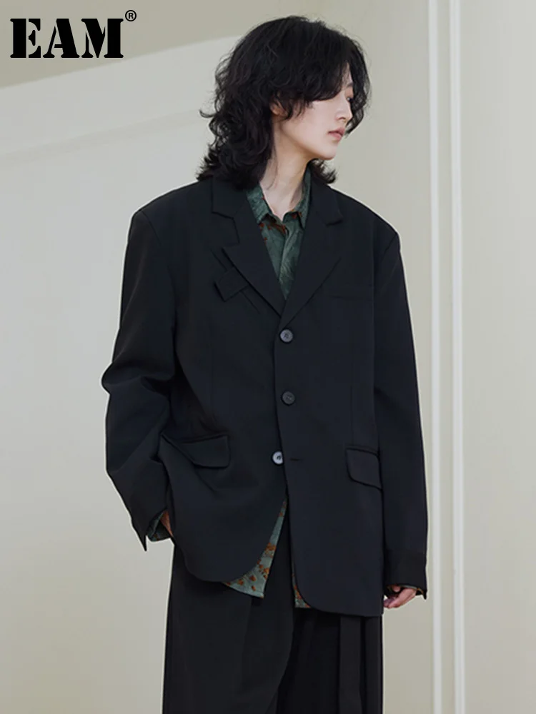 

[EAM] Women Black Irregular Big Size Blazer New Lapel Long Sleeve Loose Fit Jacket Fashion Tide Spring Autumn 2023 1DH2560
