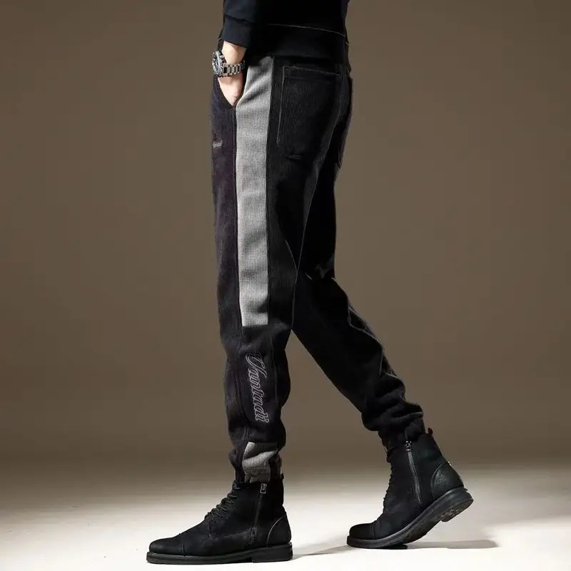 Winter New Fashion Elastic Waist Sweatpants Man High Street Casual Loose Contrast Color Pockets Korean Style All-match Trousers