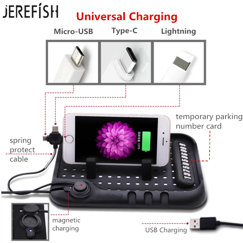 iphone desk stand 3 In 1 Multi-functional Magnetic Charge Silicone Anti-Slip Mat Car Navigation Mobile Phone USB Charger With Parking Card bedside phone holder