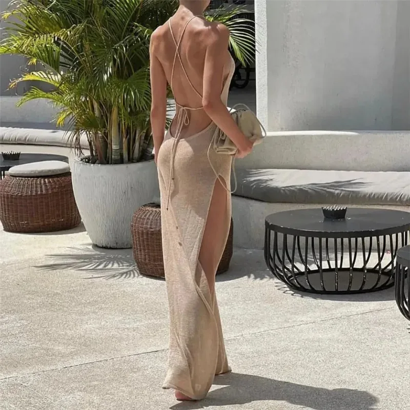 Women Cover Ups Sexy Hollow Out Dresses Spliced Sleeveless Split Maxi Dress Sling Backless Knit Y2k See Through Bodycon