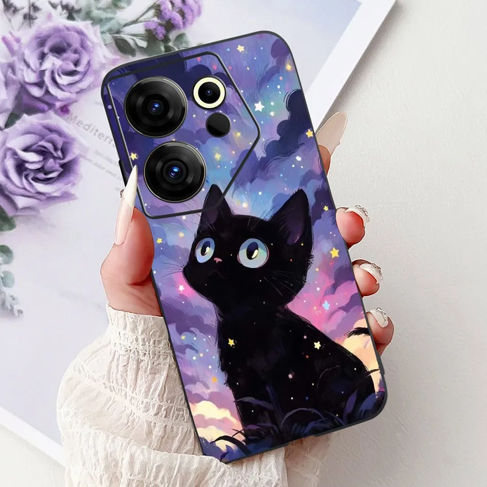 Tecno Camon 20 Premier Elegant Floral Cat Design Black Silicone Phone Case