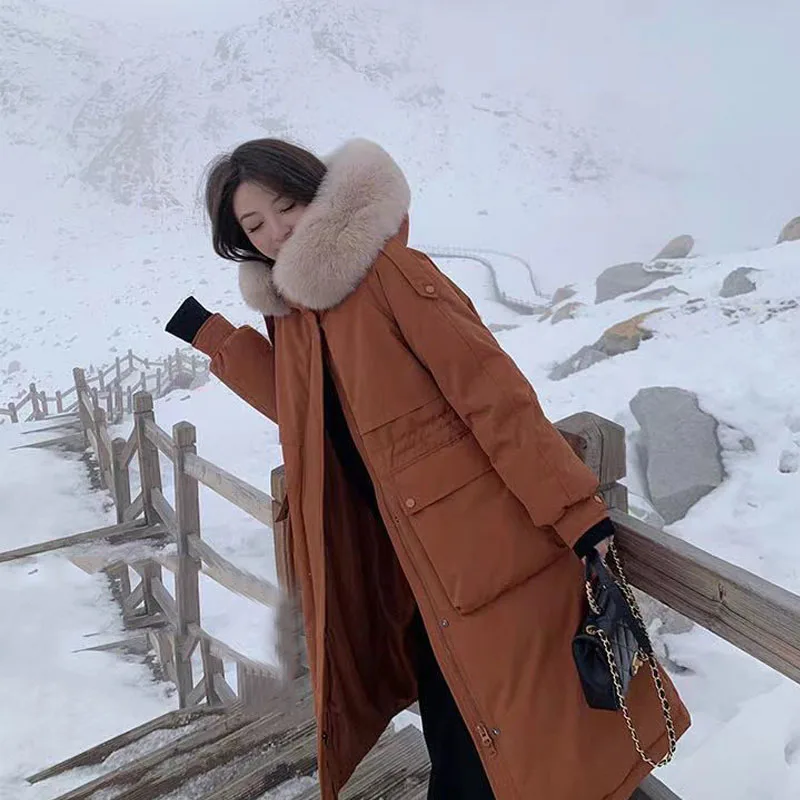 

Thickened Down Jackets Mid-Length The-Knee Padded Thickening Fur Collar Jacket Women Korean Loose Cotton-Padded Parka Jacket