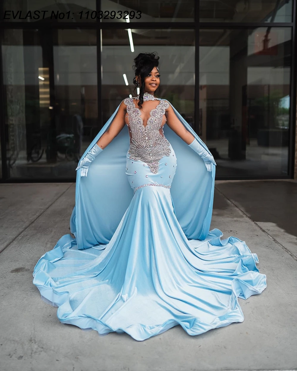 Sky Blue Mermaid Prom Dress Black Girls Silver Diamond Crystal Beaded Cape African Birthday Party Gown EVLAST TPD199