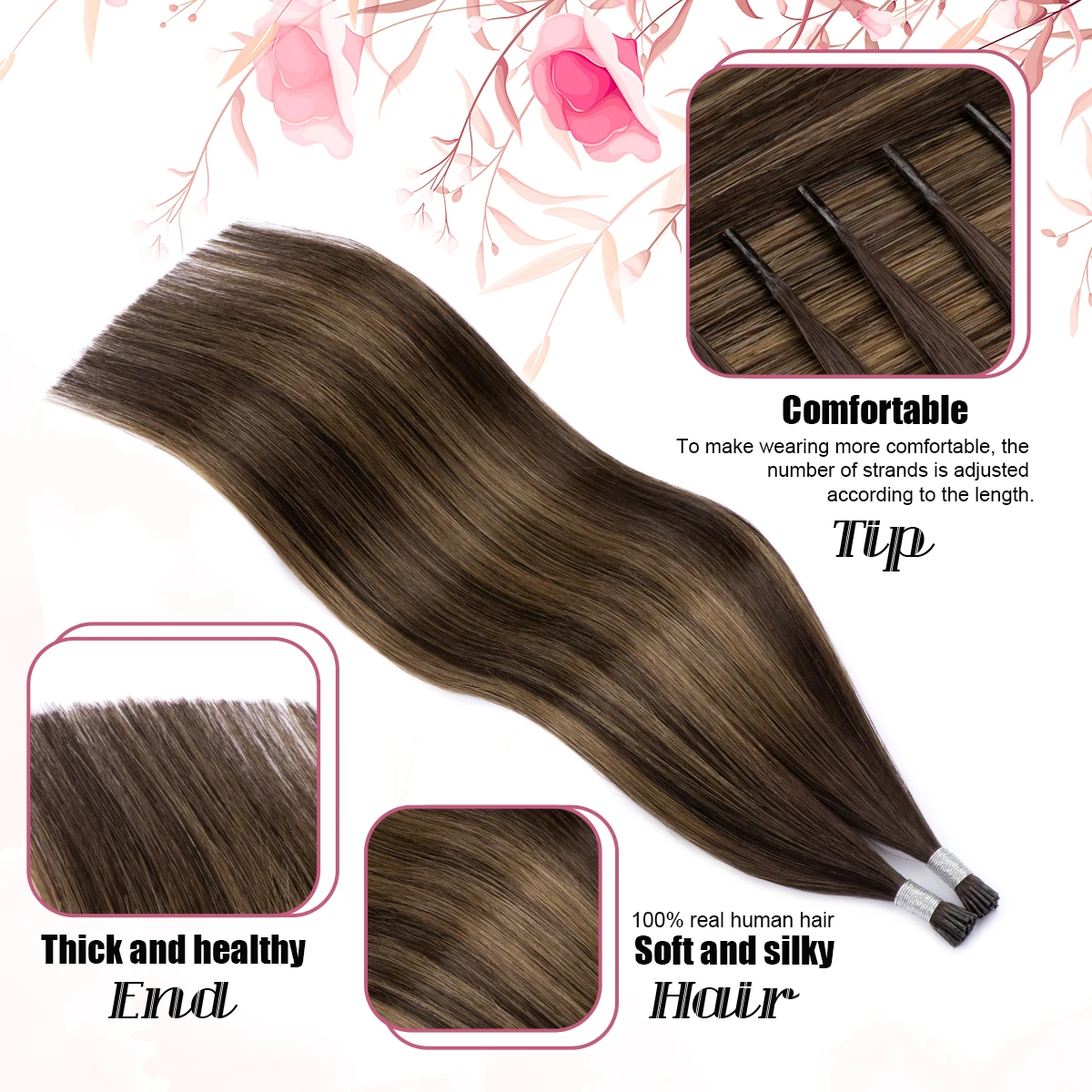 Highlight I Tips Hair Extensions Real Human Hair Ombre Color #2/8/2 Brown Human Extension I Tip Extensions