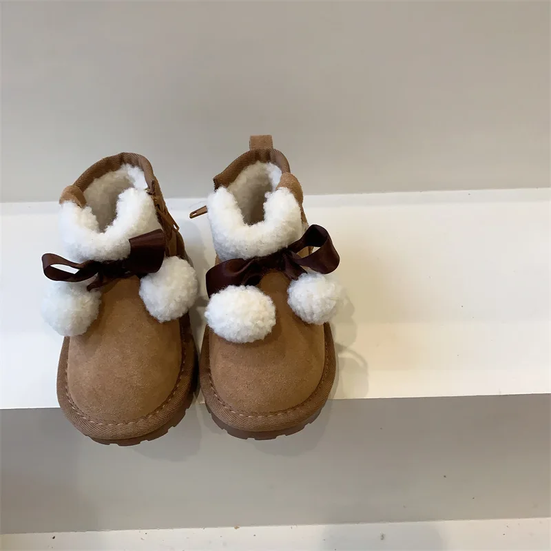 

Cute Wool Ball Winter Childrens Shoes Childrens Soft Sole Anti slip Snow Boots 2024 Girls Cotton Shoes Short Boot Baby Wool Boot