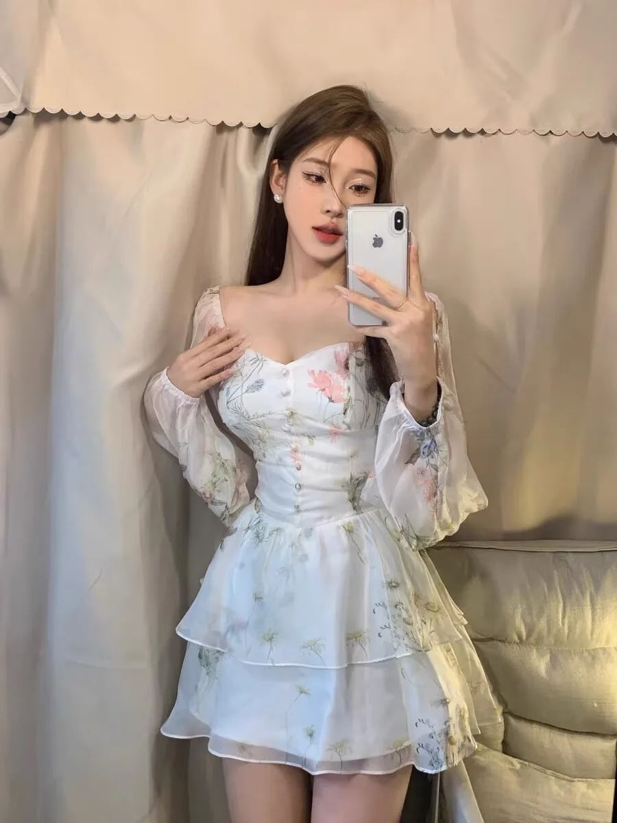 Elegant Chiffen Floral Fairy Dress Women White Sweet Korean