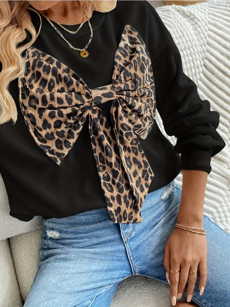 New Autumn and Winter Women's Crew Neck Leopard Print Bow Long-sleeved Sweater Fashionable Casual Solid Color Office Pullover