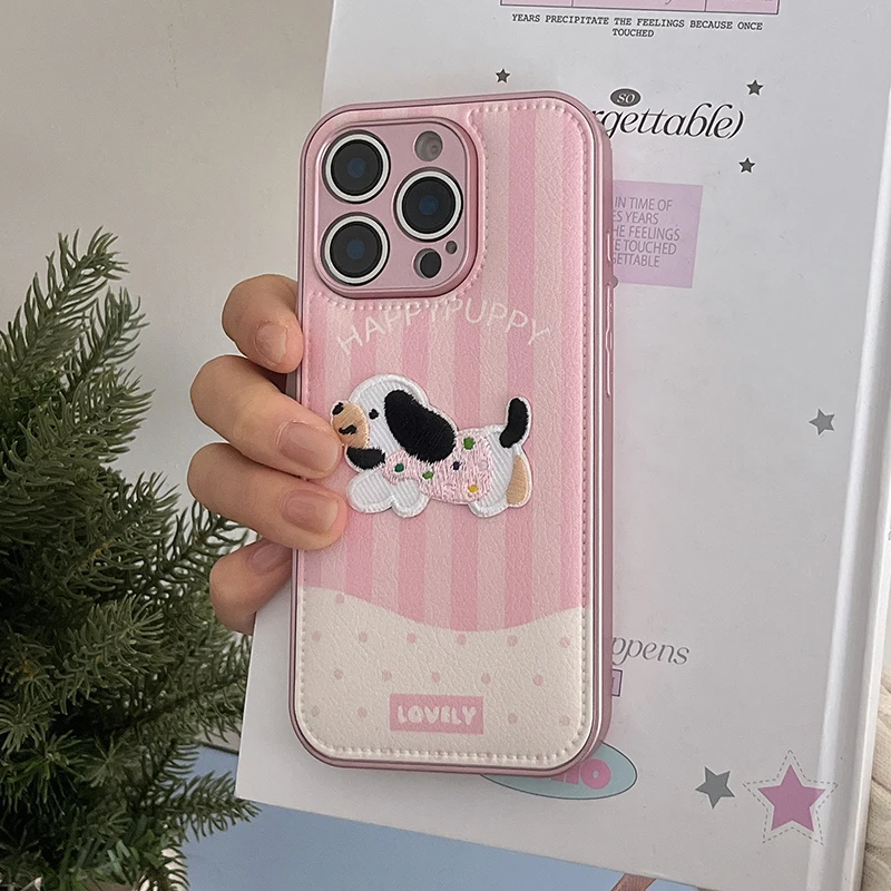 Pink Embroidered Dog Puppy Phone Case For iPhone 16 15 13 14 Pro Max Soft Leather Drum Bag Back Cover