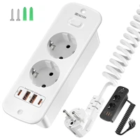Eu plug dual socket built-in power board with 2USB-A and 2USB-C PD20W smart fast charging port 2-meter spiral extension cable