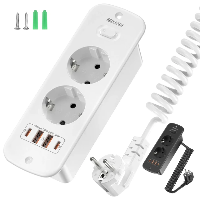 Eu plug dual socket built-in power board with 2USB-A and 2USB-C PD20W smart fast charging port 2-meter spiral extension cable