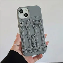 Retro 3D Angel Statue Silicone Phone Case - Trendy Literature - Inspired Soft Cover - iPhone 14 Pro (Gray)