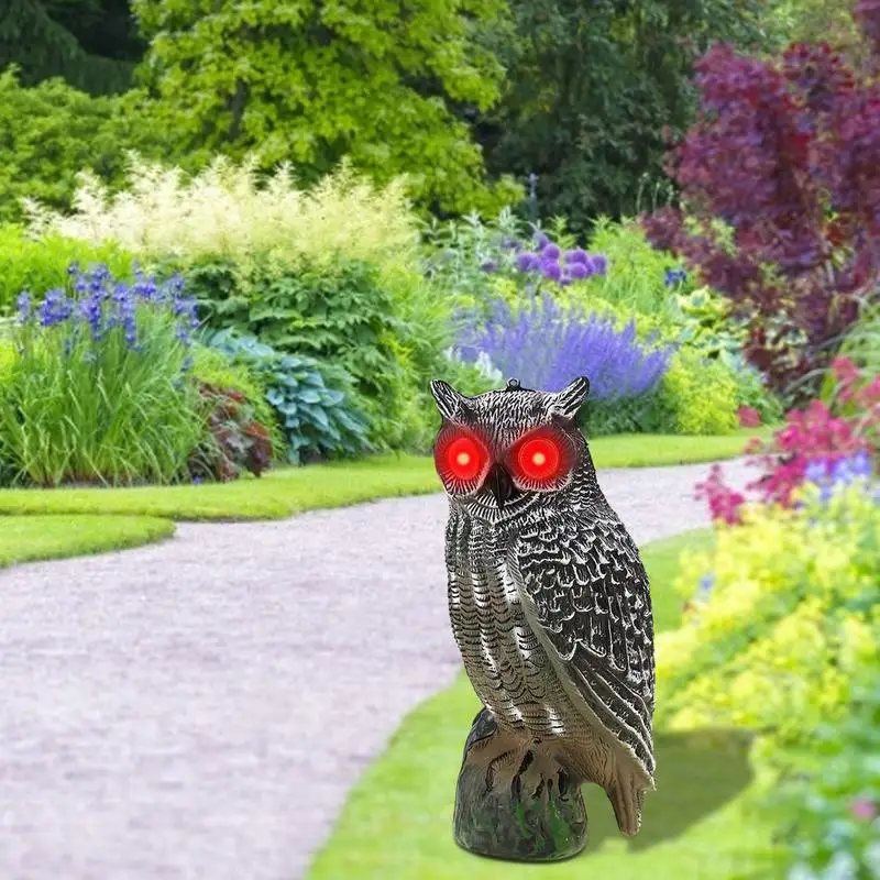 

Realistic Owl Bird Scarer Owl Statue With Flashing Eyes Rotating Head Sound Pests Control Protection For Garden Protector Decor