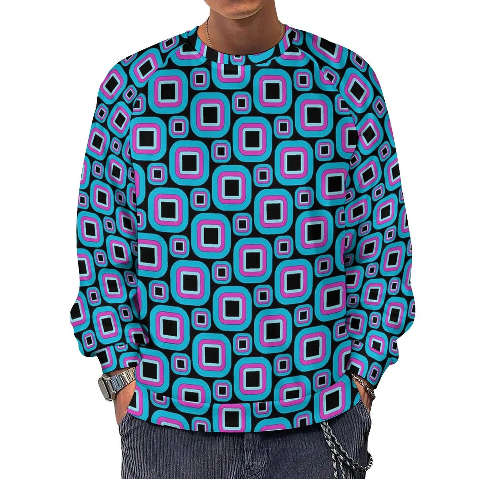 

Retro Square Print Casual Hoodies Male Groovy Squares Aesthetic Hoodie Autumn Street Fashion Graphic Sweatshirts Oversized Tops