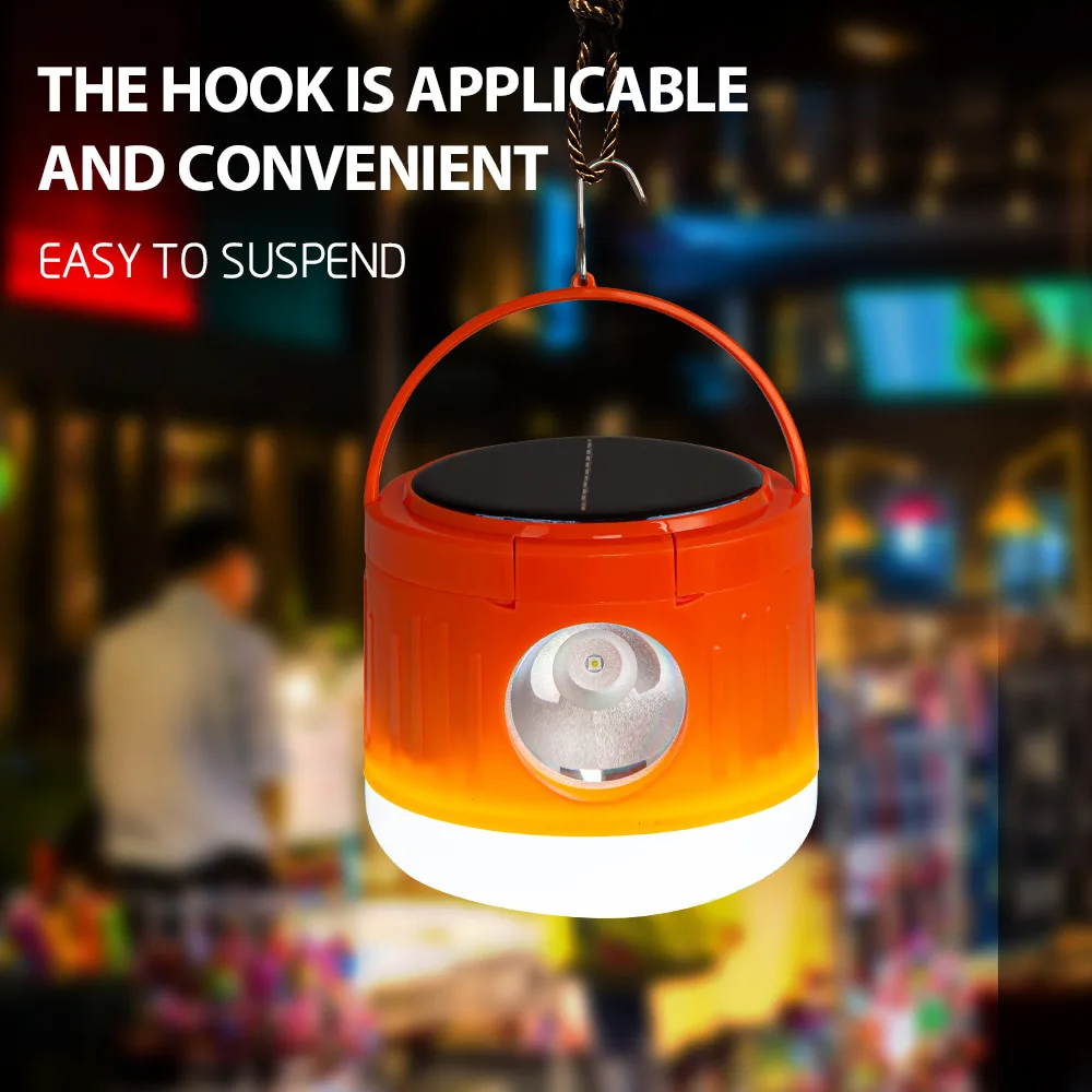 

Portable Solar Camping Bulb USB Charging LED Flashlight with Hook Power Display 3 Modes Outdoor Emergency Work Light for Hiking