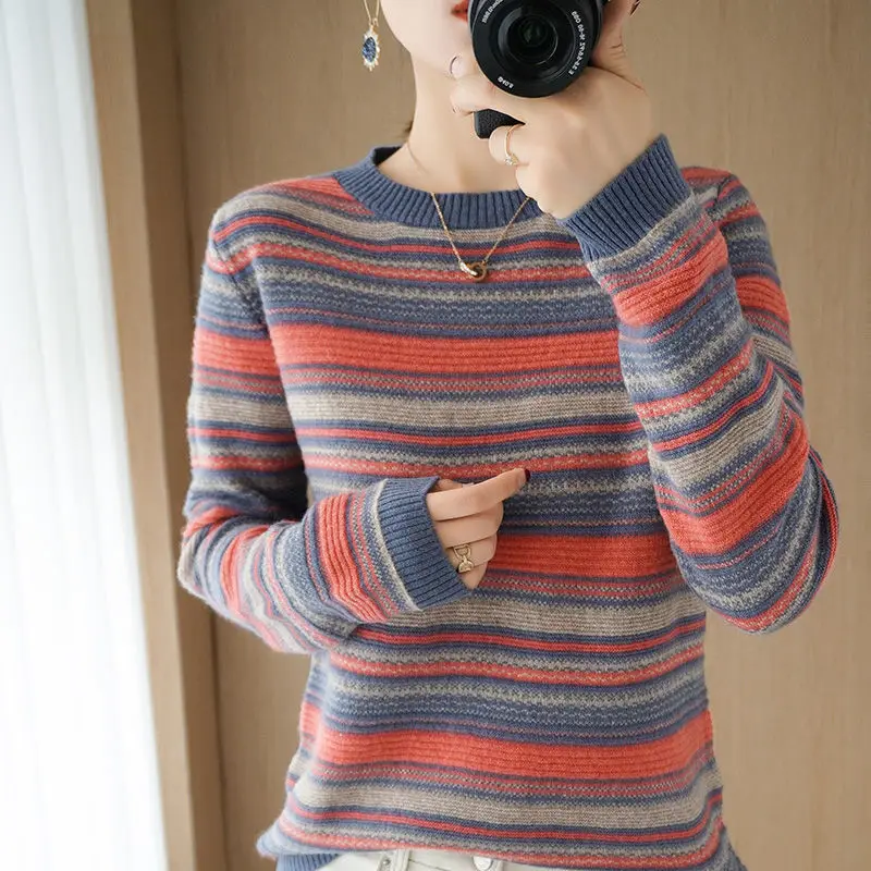 

Regular style vintage colorful striped basic o-neck long sleeve women slim female sweaters