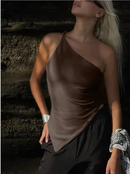2025 New Fashionable Casual Women's T-Shirt Solid Color Single Shoulder Asymmetrical Slim Fit Top One-Piece Neck 1