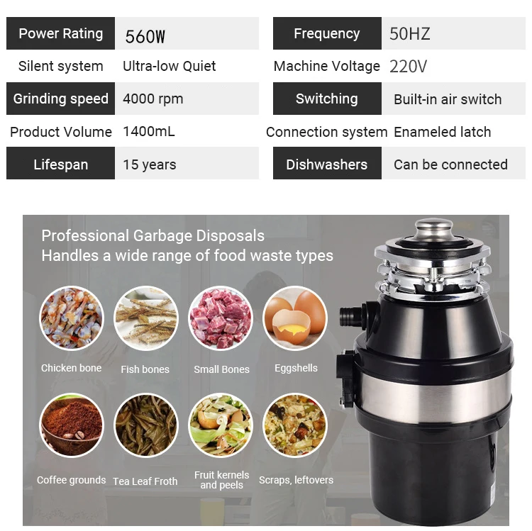 DIVEDEER 220V 560W Food Garbage Disposal Stainless Steel Crusher Waste Disposer for Residue Processor Air Switch Easy Install