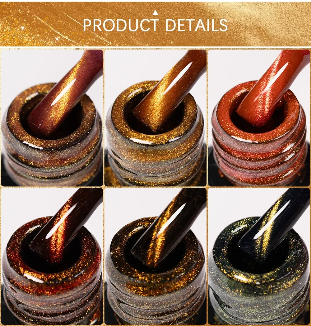 Description Picture 5 of item7.5ML Super Shiny Gold Glitter Cat Magnetic Nail Polish Golden Gems Cat Eye Gel Effect Soak Off Semi-Permanent Varnish Manicure