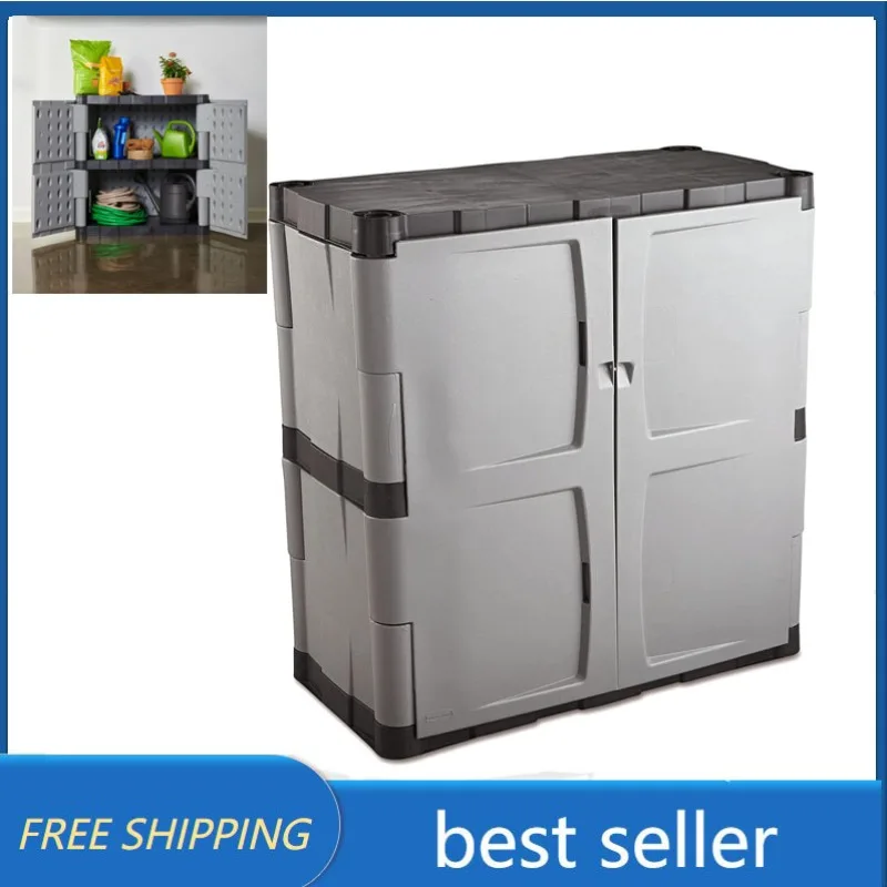 

Rubbermaid Freestanding Storage Cabinet with Doors, 18"D x 36"W x 37"H, Medium, Gray/Black, Two-Shelf Lockable Cabinet