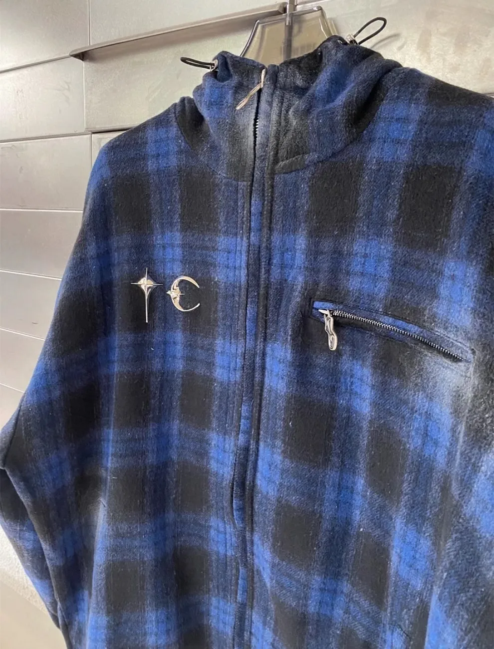2025 Thug Club blue checkered embroidered hooded painted zipper jacket WY1103 4