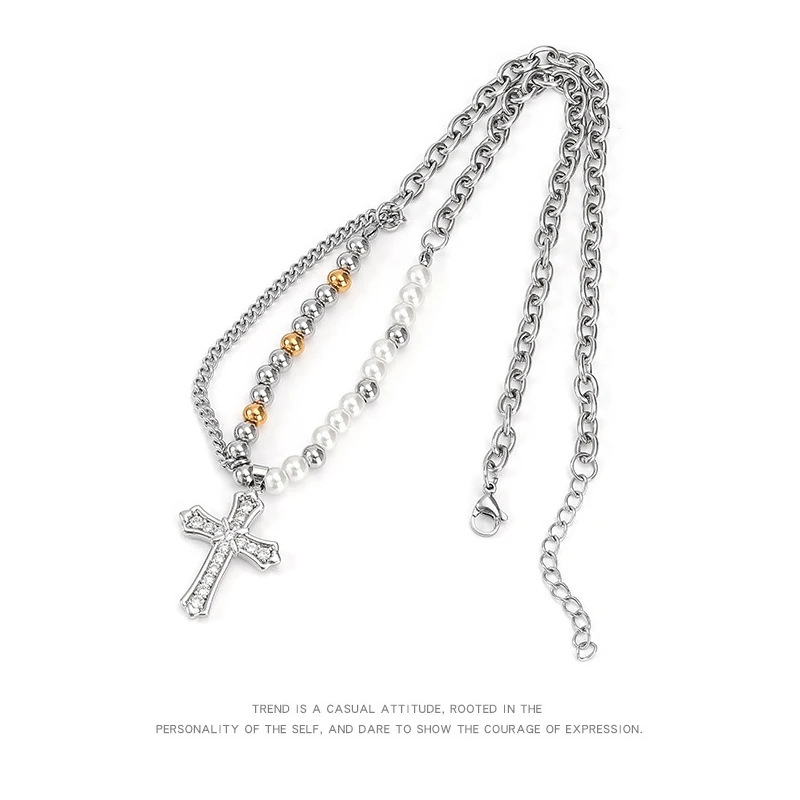 Titanium steel pearl cross necklace male fashion light luxury small collar chain senior feeling ruffian handsome accessories fem