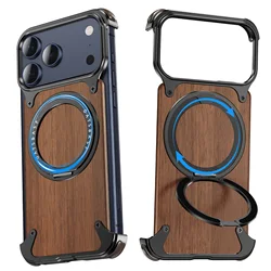 Eary Wood Phone Case with 360° Rotation Magnetic Stand and Shockproof Solid Wooden Frameless Bumper - iPhone 17 Pro (Black)