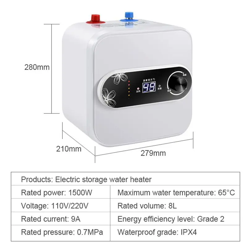8L Water Storage Instant Electric Water Heater Rapid heat Insulation Digital display Thermostat Knob Control Up Down Inlet