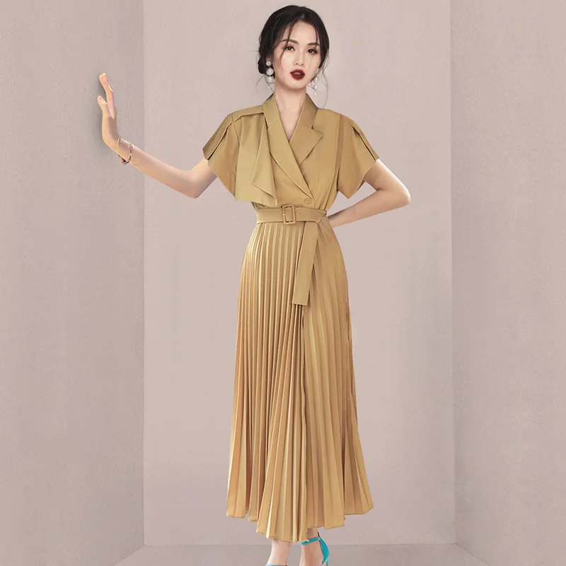 

WTIANYUW Work Wear Notched Collar Women Pleated Dress 2022 Elegant Dress Female Slim Waist Belted A Line Vestidos Femme