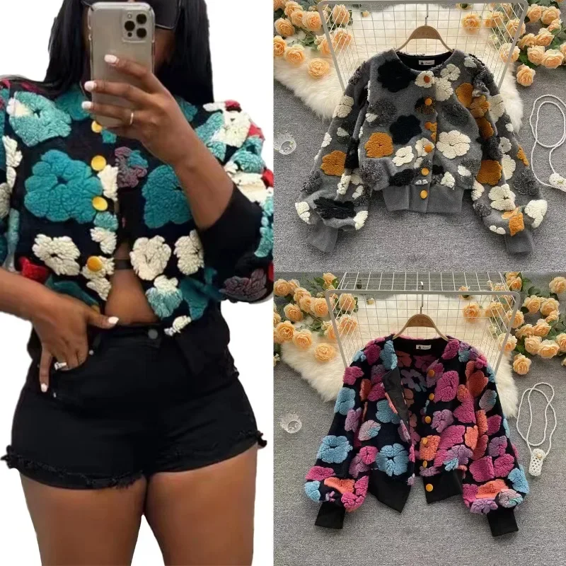 

Flowers Jacquard Plush Wool Jackets Women O-Neck Single Breasted Long Sleeve Short Coats Fashion Casual Streetwear Outwear