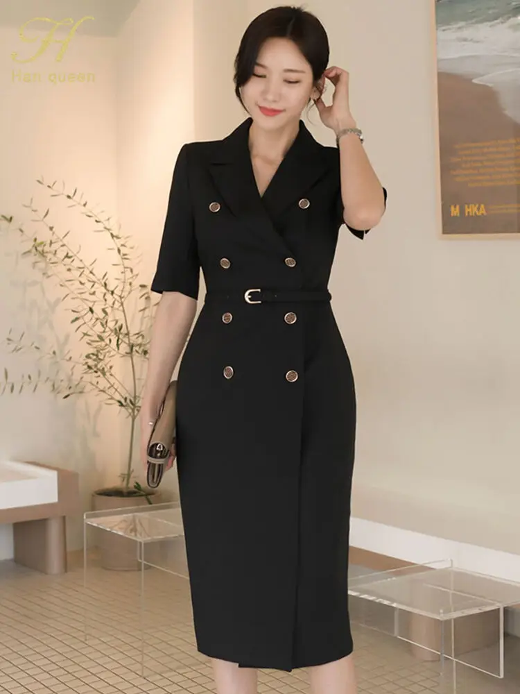 

BabYoung New Elegant Office Pencil Dress Women Korean Double Breasted Sheath Dresses Business Work Bodycon Vestidos