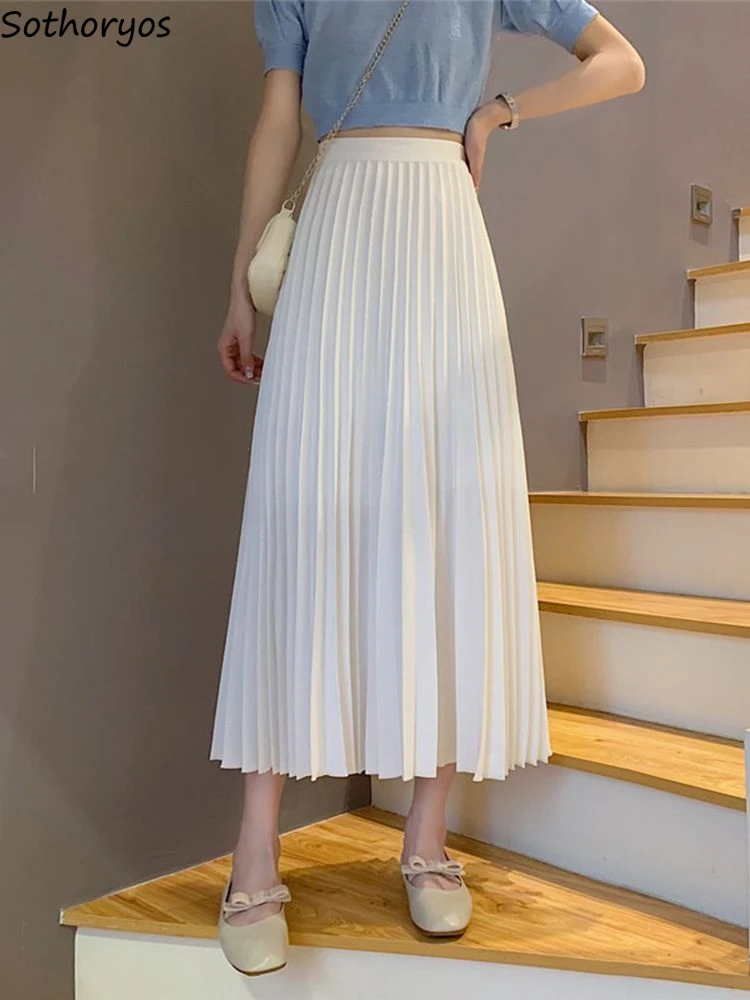 

Pleated Skirts Women Pure Color Simple Empire All-match Elastic Waist Graceful Temperament Girlish Summer Popular Faldas Midi