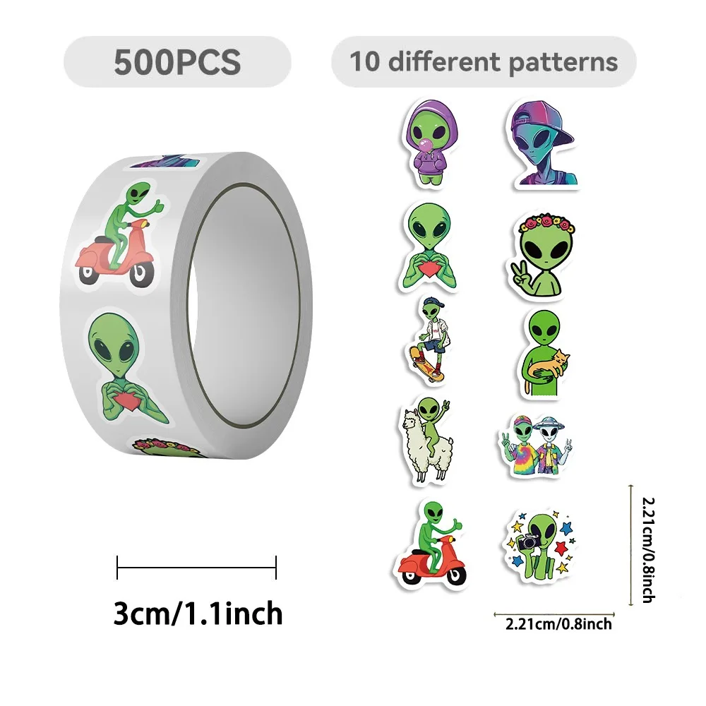 500pcs/Roll 재미 있은 외계인 롤 씰링 스티커 DIY 장난감 노트북 노트북 수하물 일기 멋진 기타 오토바이 방수 스티커