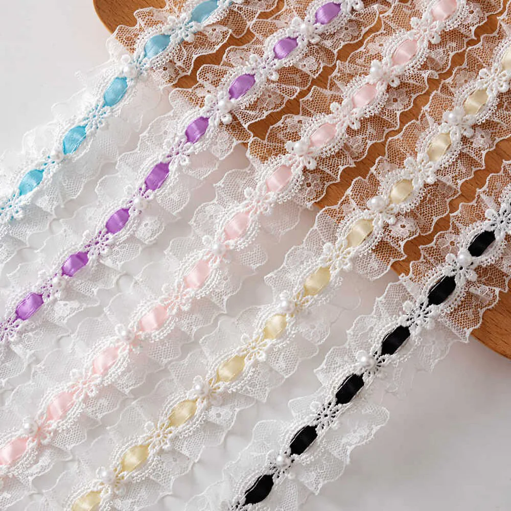 1 Yard Lolita Lace Tulle Bead Ruffled Trims Fabric Edging Satin Ribbon DIY Doll Clothing Curtain Furniture Decoration 3.5cm Wide