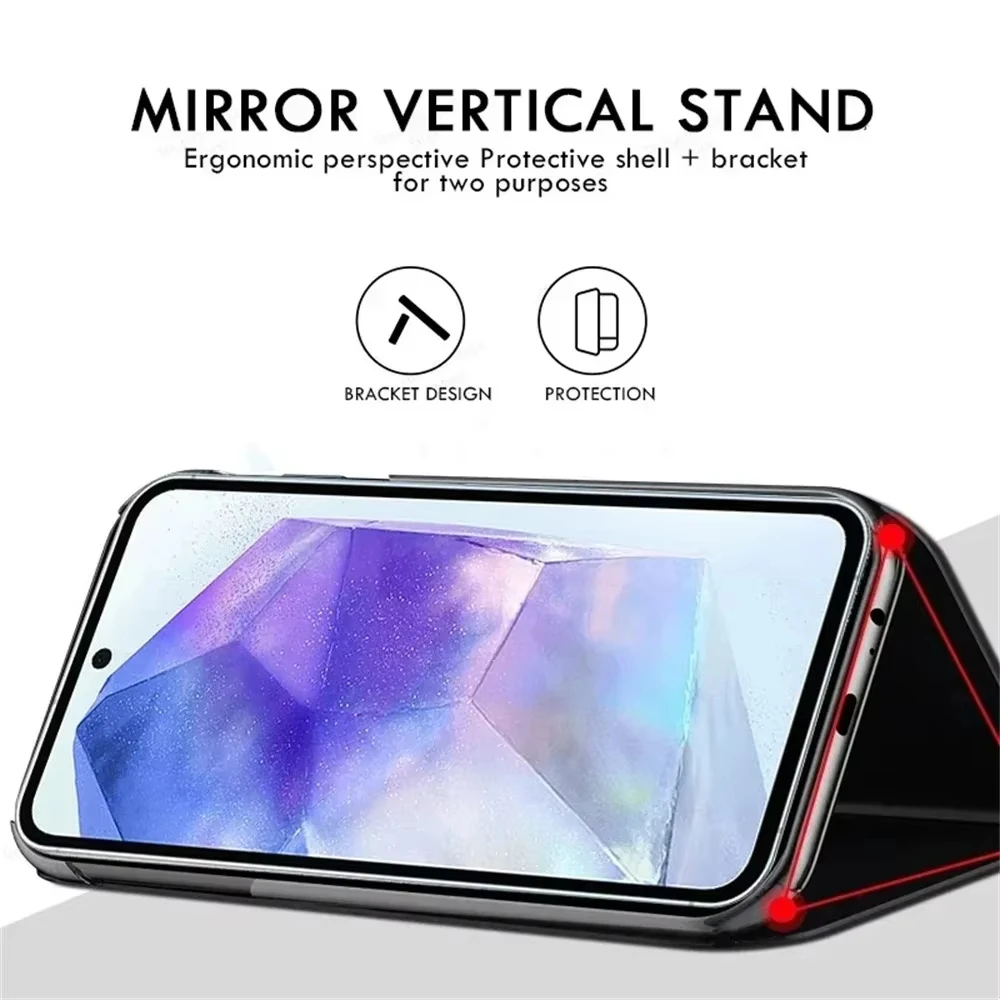 Sleek Mirror Flip Leather Phone Case with Stand Feature and Hard Back Cover
