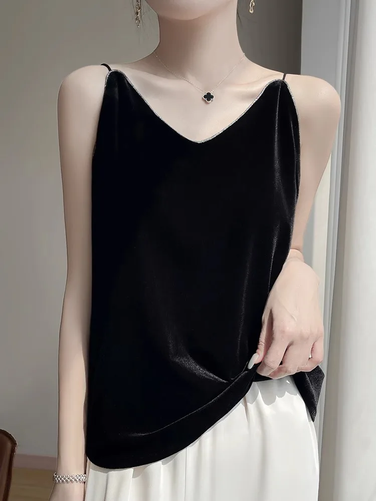 Velvet Strap Vest Sexy Inner Wear Bla Lace Trim Splice V-ne 2025 Summer Base Mom's Women's Top Lace Trim Splice Vest