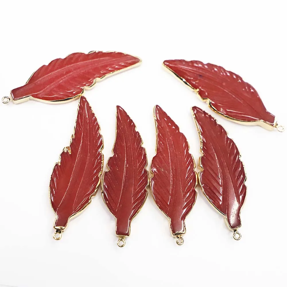 Natural Stone Red Leaf Feather Shape Necklace Pendant Sweater Chain Stylish Charm Fashion DIY Jewelry Accessories Wholesale 4Pcs