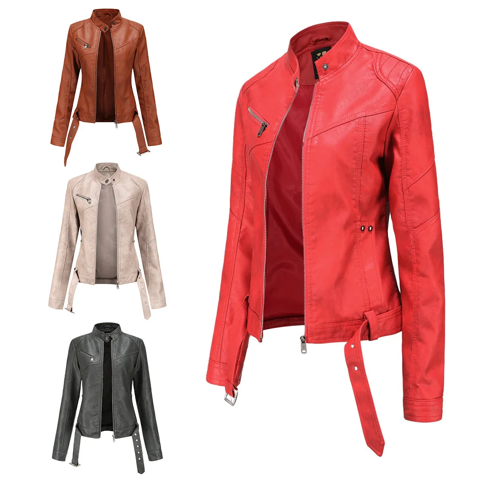 

New European Jacket Women's short belt women's leather coat large slim leather coat stand collar thin women's fashion