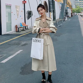 British Style Vintage Cream-khaki Women Mid-length Trench With Sashes  Spring Autumn Double Breasted Female Dust Coat Outerwear