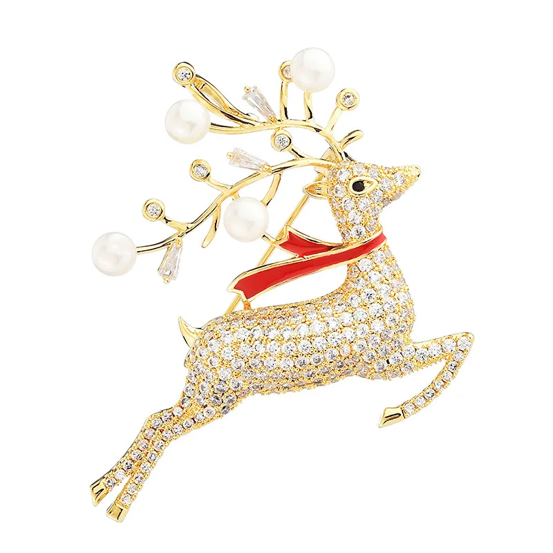 

Luxury Woman Brooches Animal Rhinestone Pearl Enamel Ziron Reindeer Brooch Pin Girls Clothes Hat Cute Christmas Jewelry Ladies