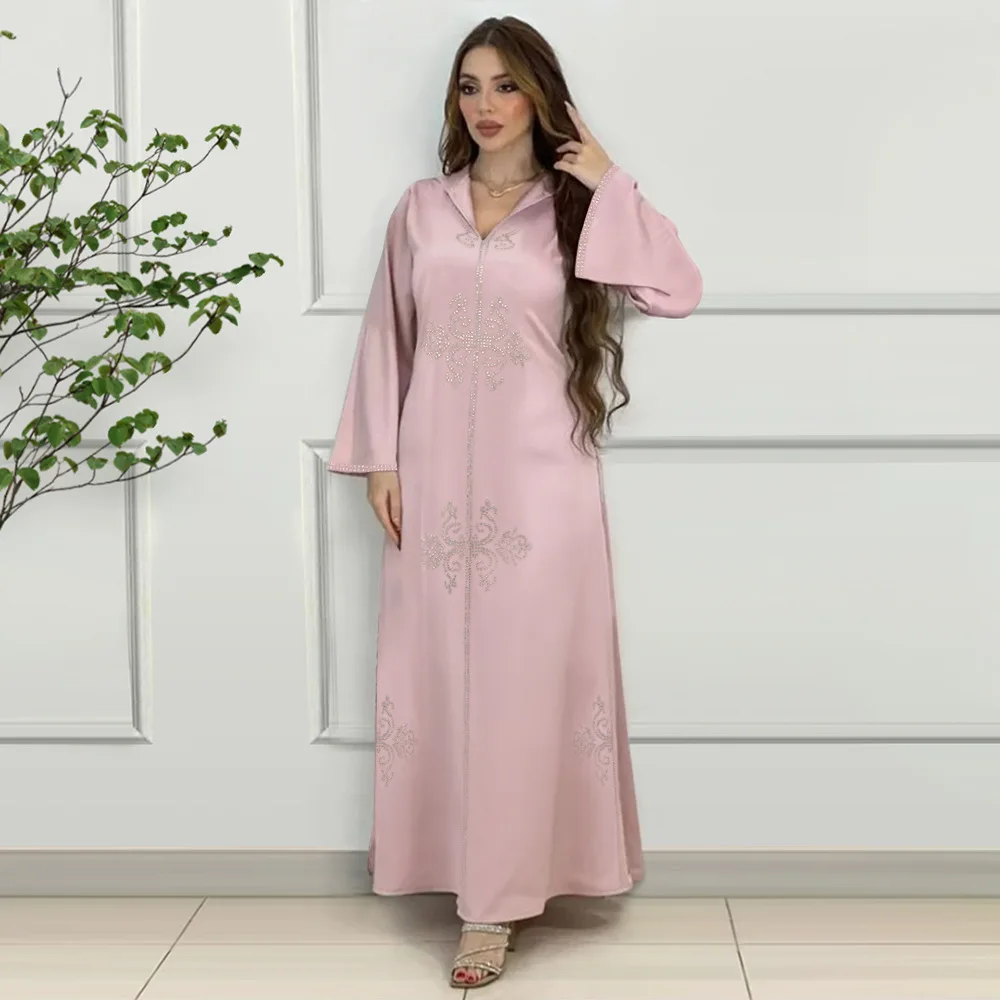 

Muslim Women Abaya Diamond Satin Eid Hooded Long Maxi Dress Ramadan Turkey Arab Kaftan Evening Party Gown Belted Gowns Jalabiya