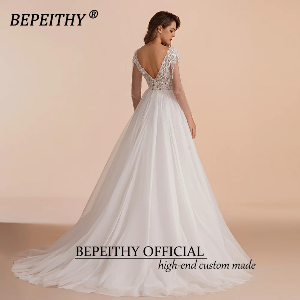BEPEITHY Customized Scoop Long Sleeves Beading Bodice Wedding Dresses 2023 For Women Bride A Line Floor Length Bridal Party Gown 2