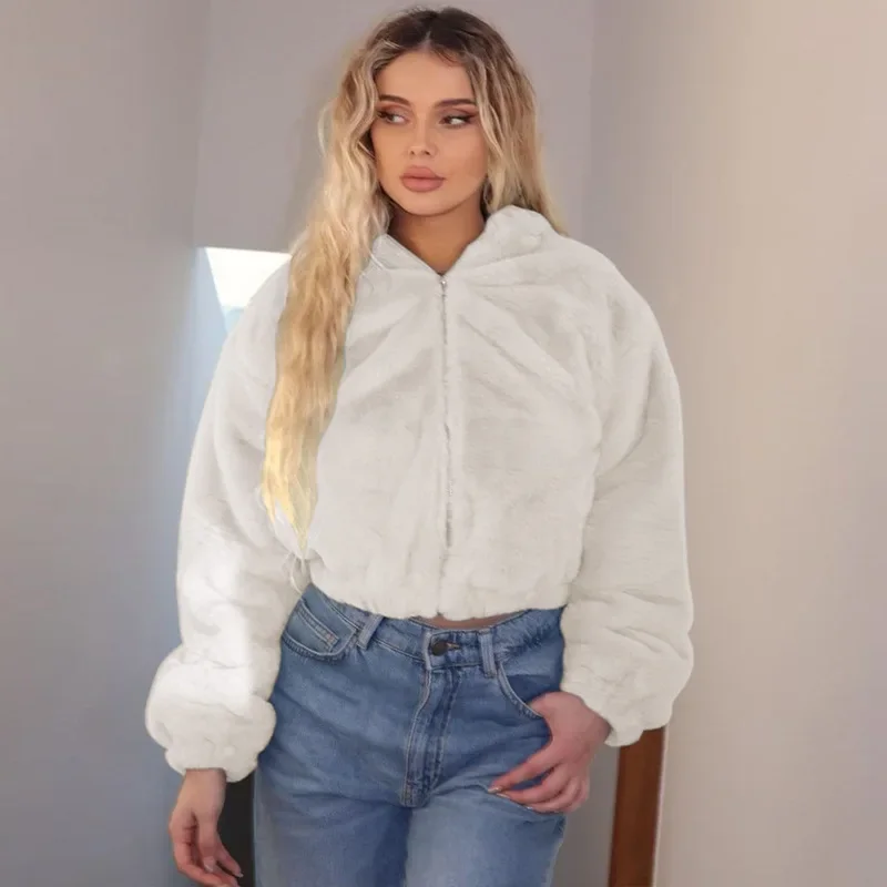 Autumn Winter Fashion Cardigan Zipper Hooded Plush Long Sleeve Top for Women